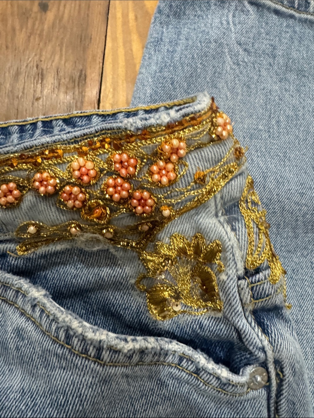 We The Free Light Blue Straight Leg Jeans with Gold Embroidered & Red Bead Waist - Picture 8 of 11